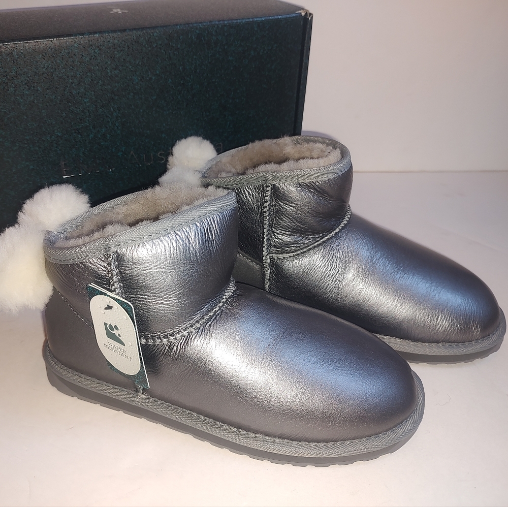 Emu Australia Rigel Glossy Leather Dark Silver Grey Boots Micro Bow Shoes 8